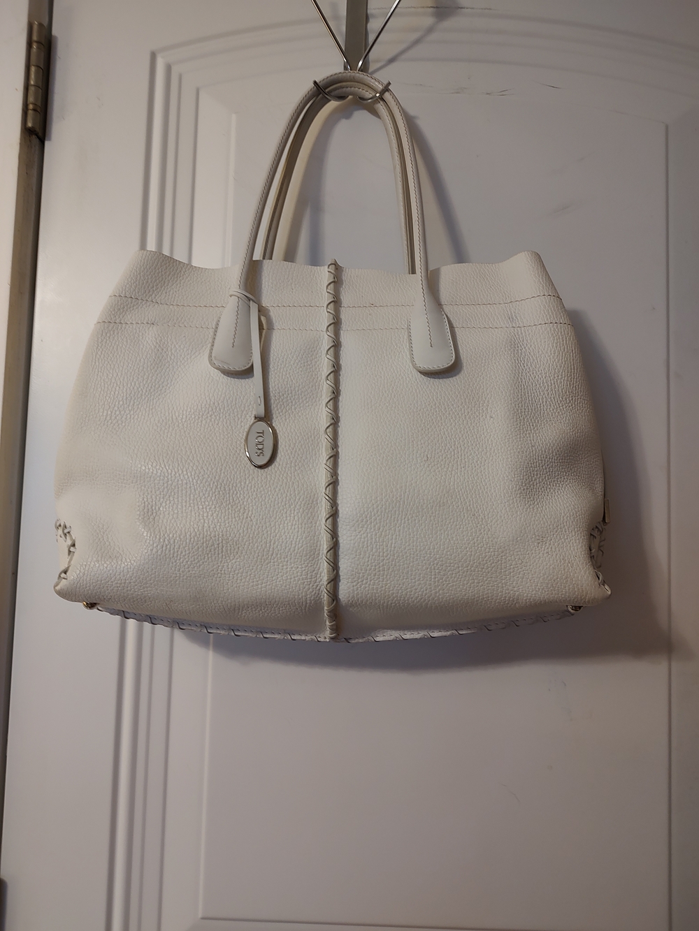 Tod's White Leather Shoulder Tote with Braided Center Detail